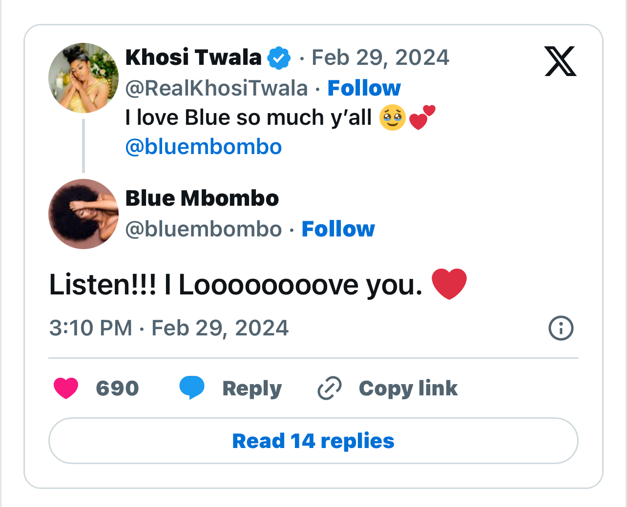 Blue and Khosi Twala Tweet 