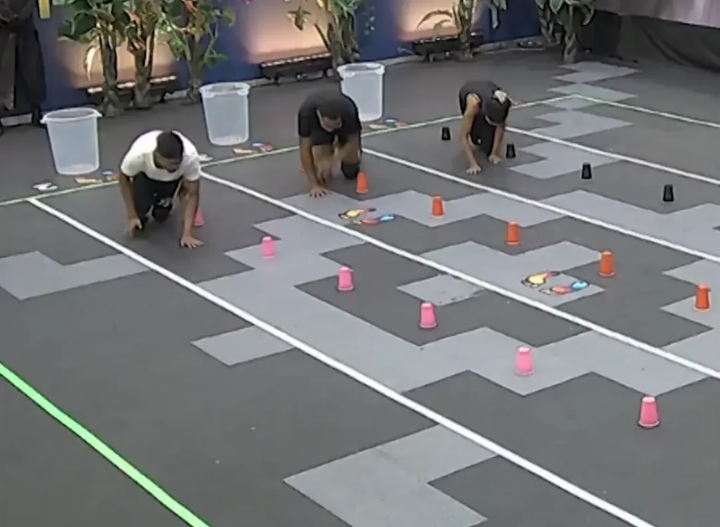 Three housemates thandeka, que and Ashay competing in the second HoH challenge week 8